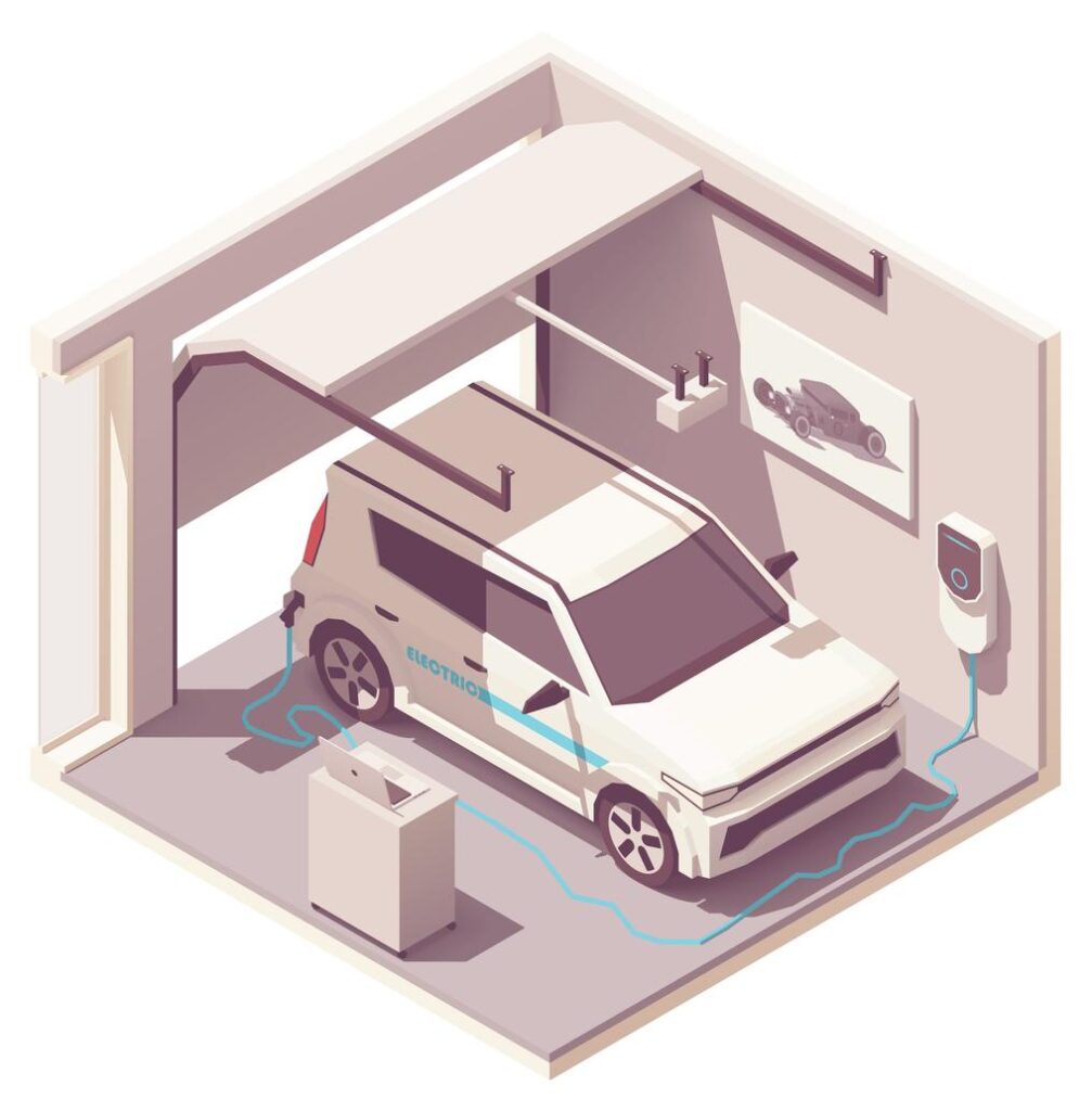 Isometric garage with electric vehicle and charger illustration.